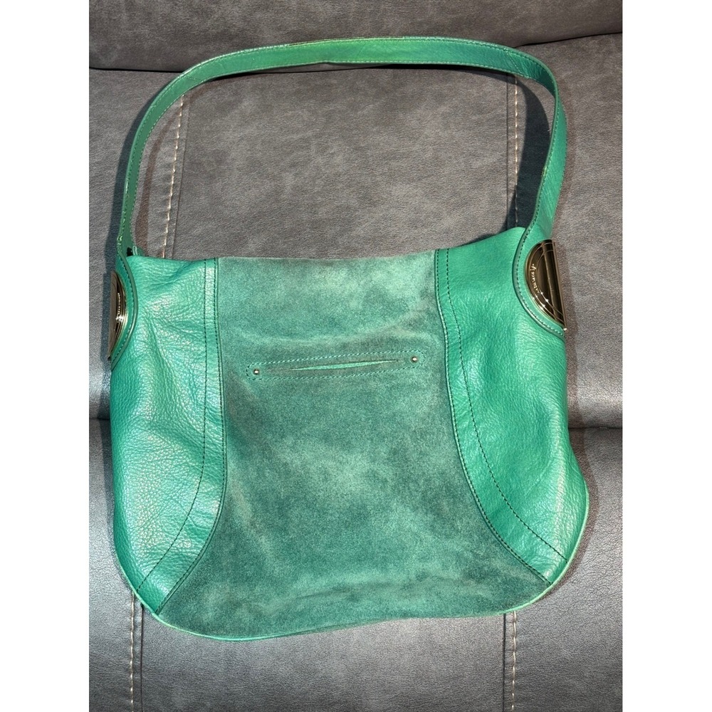 B. Makowsky Green Leather Suede Hobo Shoulder Bag Leopard Print Lining Gold Tone